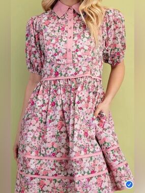Pink Floral Puff Sleeve Midi Dress